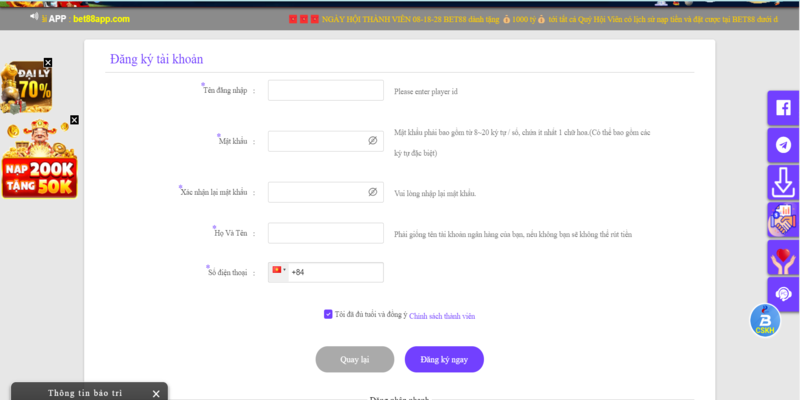 BET88 thu thập thông tin từ bước đăng ký tài khoản