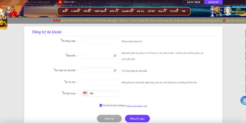 Đăng ký tài khoản BET88