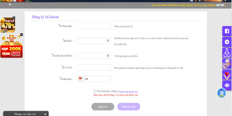 Hội viên cần khai báo thông tin chính chủ khi đăng ký BET88